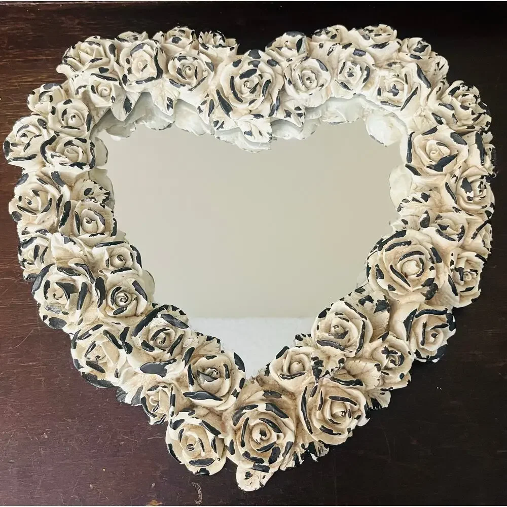 Decoline Heart VTG Wall Mirror Ivory Rose Shabby Cottage Chic Valentines 13”w